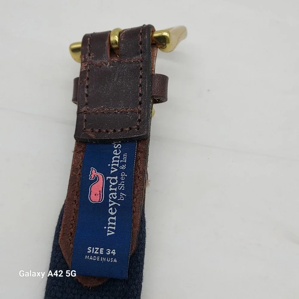 Vineyard Vines Mens Canvas Club Belt 34 Sunscreen Print Lavender Leather USA